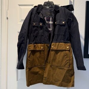 J Crew Hooded Utility Jacket Brown and Navy